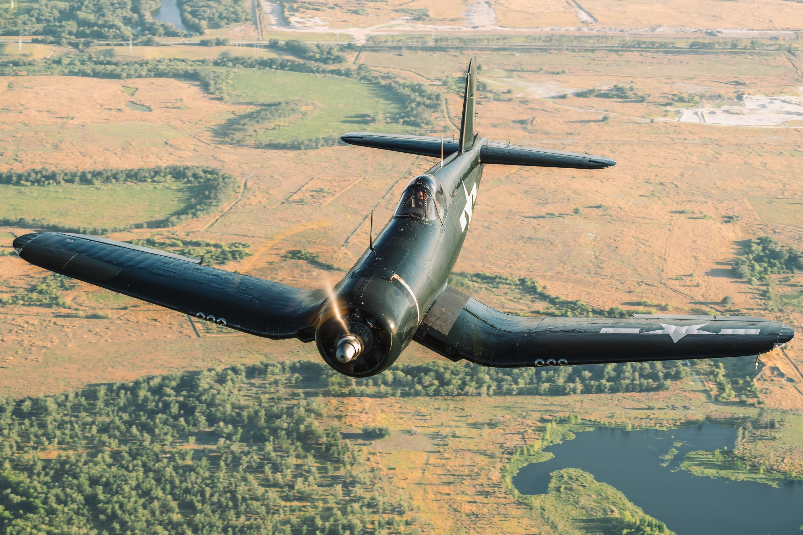 Goodyear FG-1D Corsair N43FG banking head on, air to air