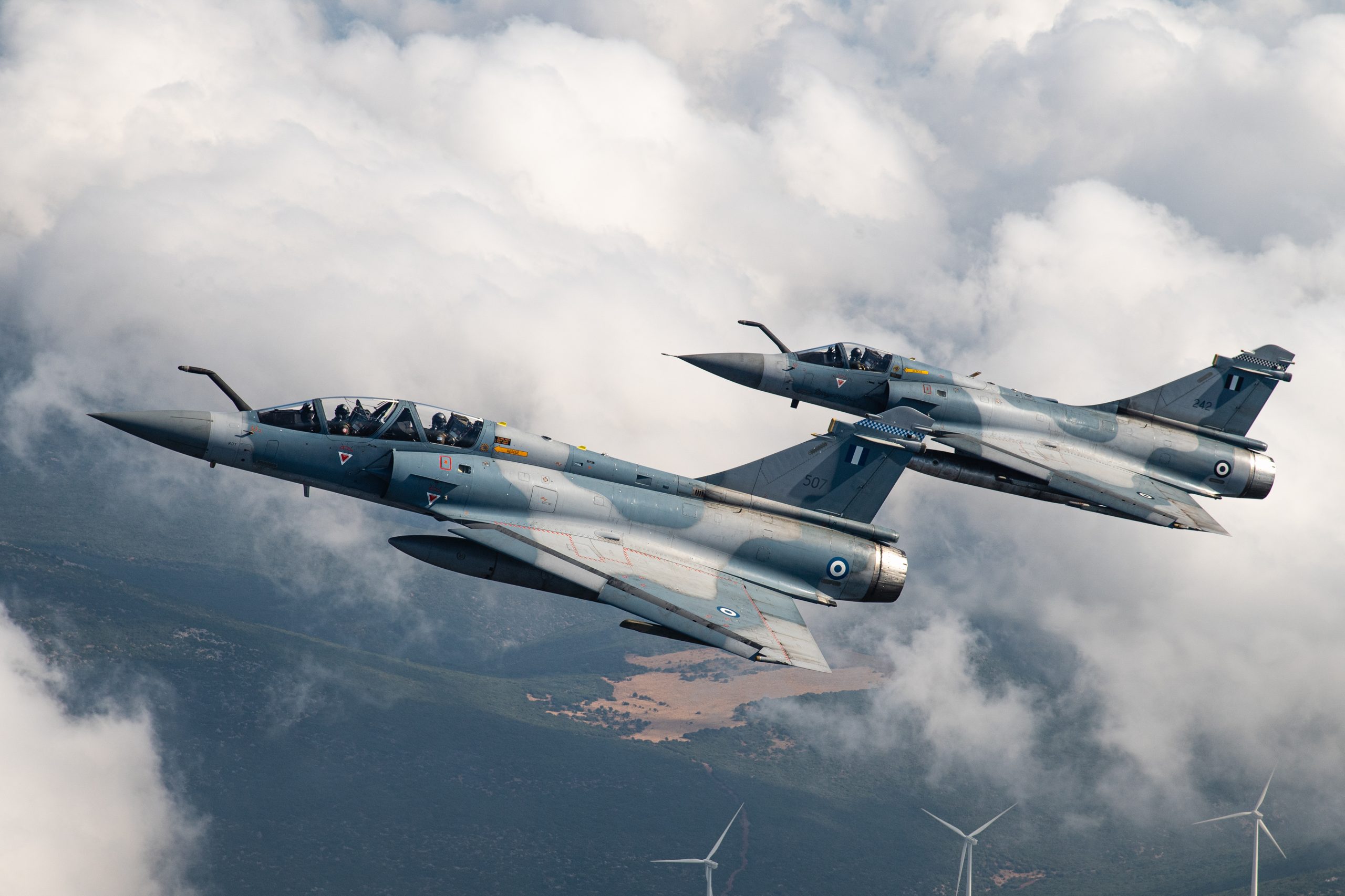 Two Hellenic Air Force Mirage 2000-5BG fighters among cloud, air to air