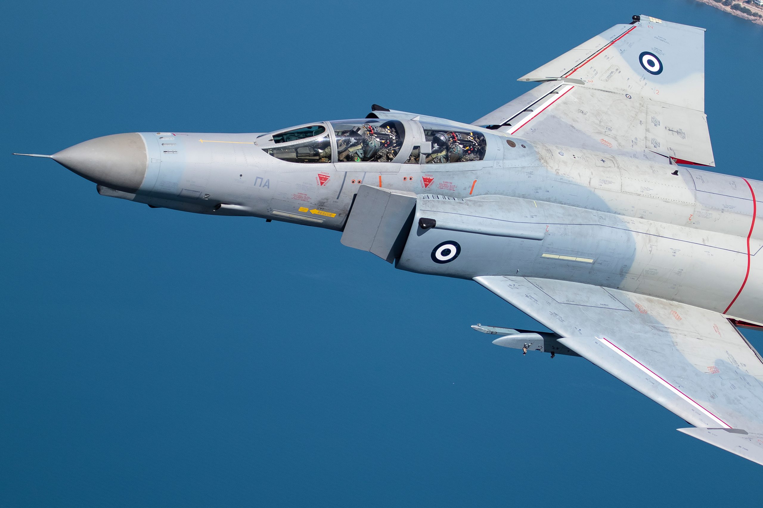 Close view of Hellenic F-4E AUP Phantom II 01518 showing both crew, air to air