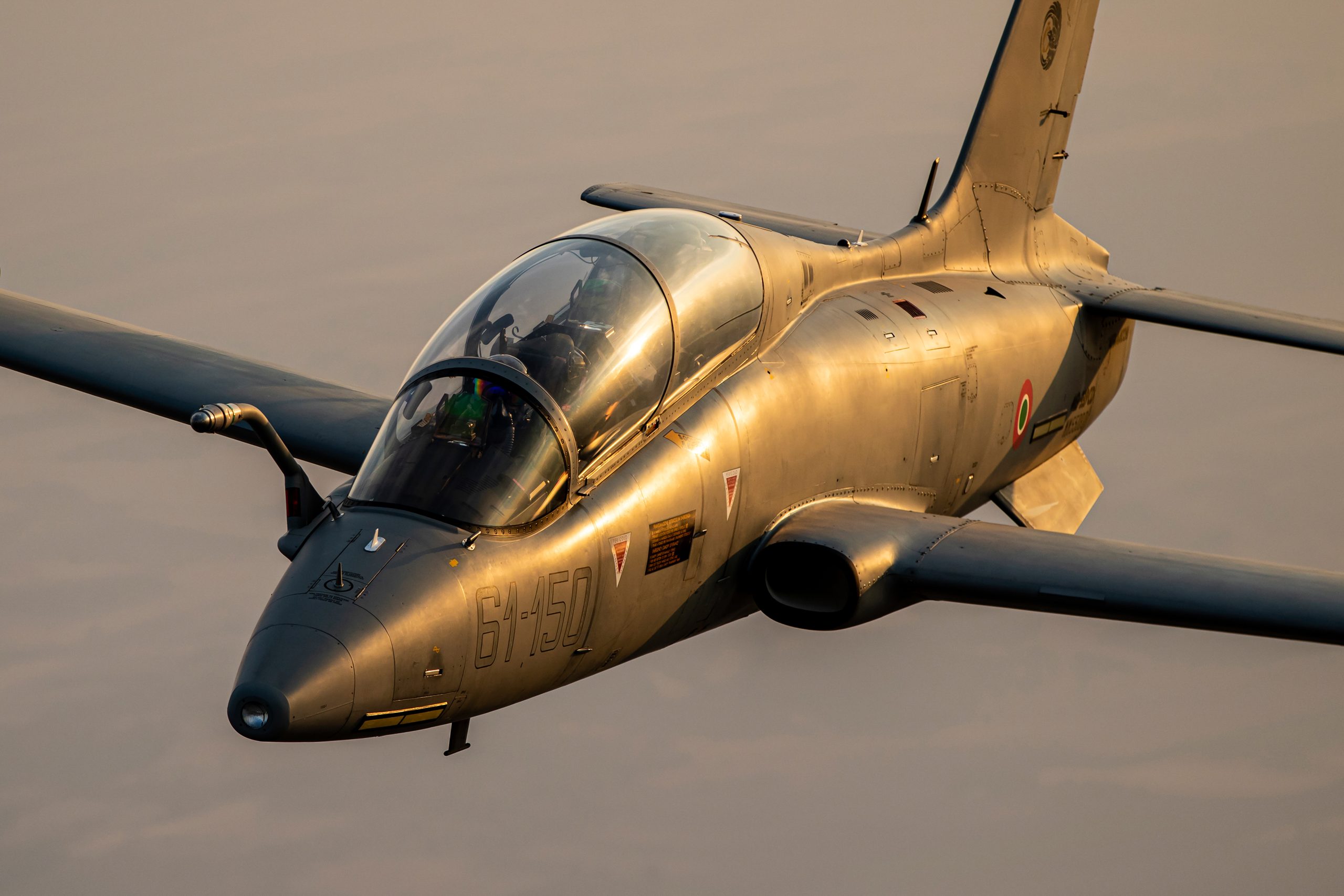 Italian Air Force Aermacchi MB-339CD in gold scheme close up, air to air