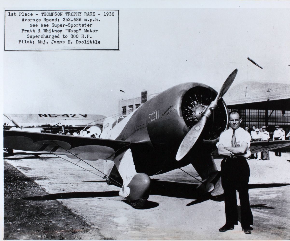 Jimmy Doolittle with the Gee Bee R-1 Super Sportster, winner of the 1932 Thompson Trophy