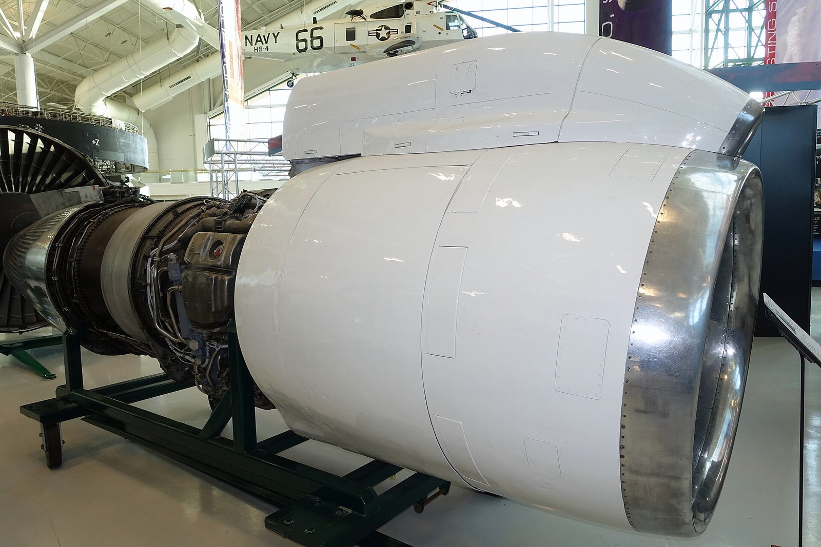 Pratt and Whitney JT3D turbofan engine on a stand, cut away to show the two-stage fan