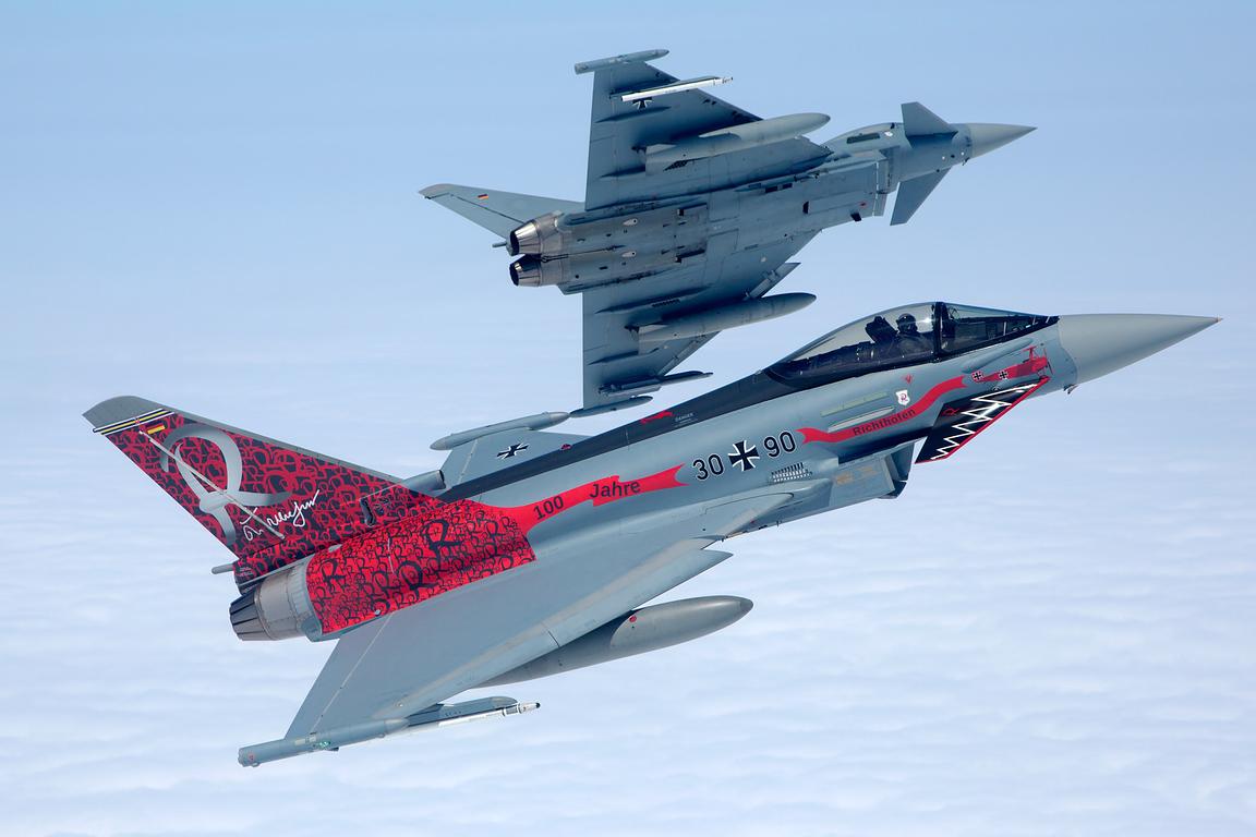Luftwaffe Typhoon pair with red special tail, air to air