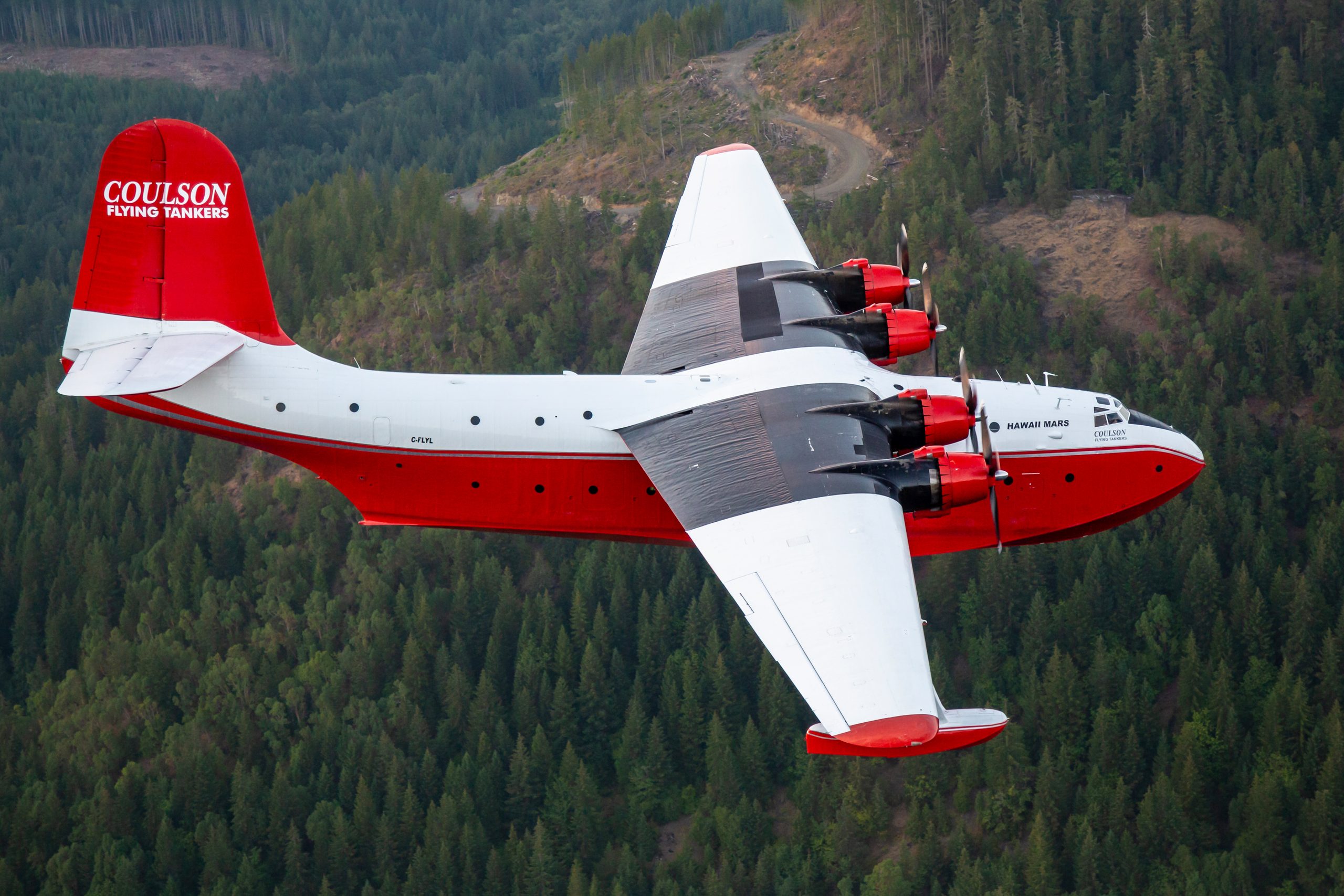 Martin JRM Hawaii Mars topside close up showing Coulson Flying Tankers titles, air to air