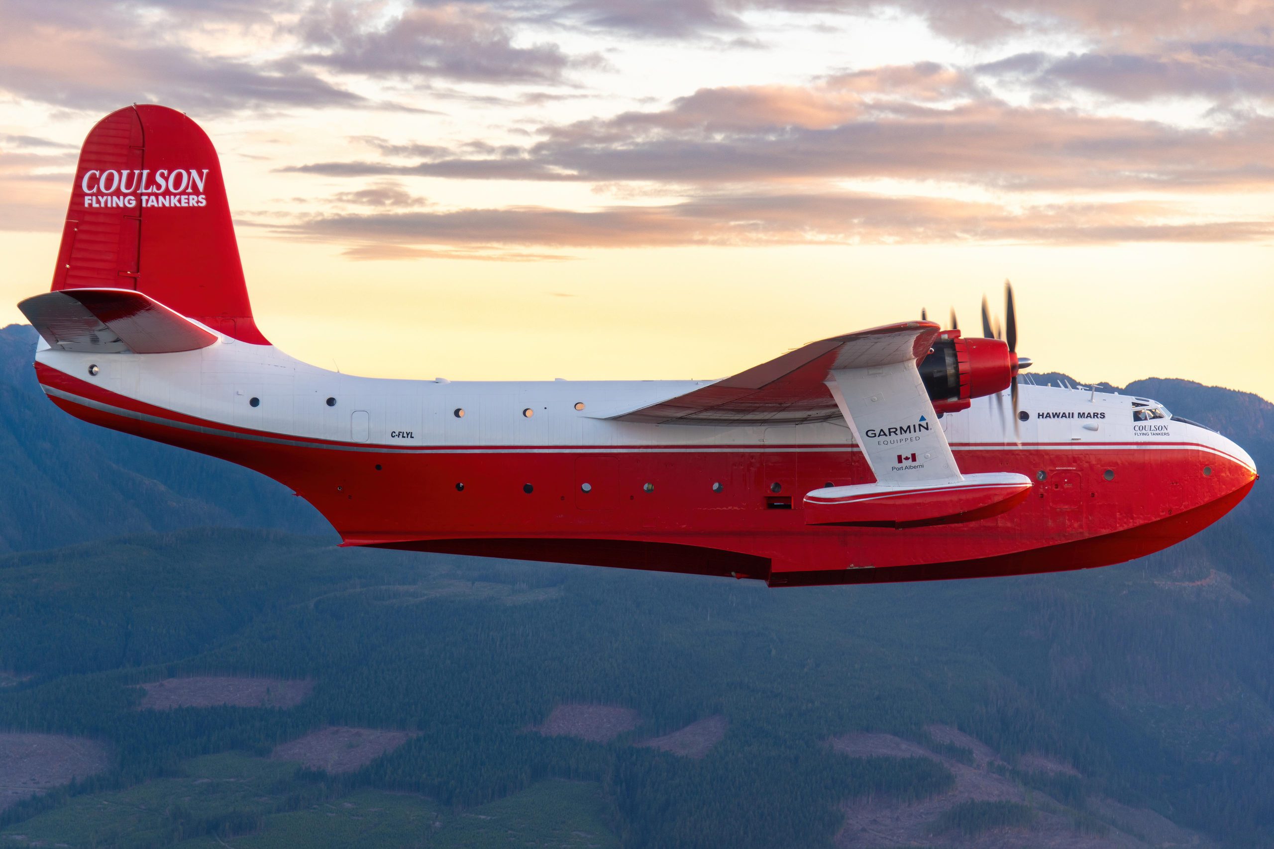 Martin JRM Hawaii Mars side profile at sunset, air to air