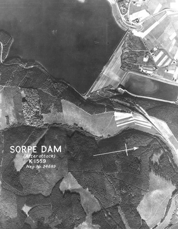 The Sorpe dam after the attack, crest damaged but unbroken