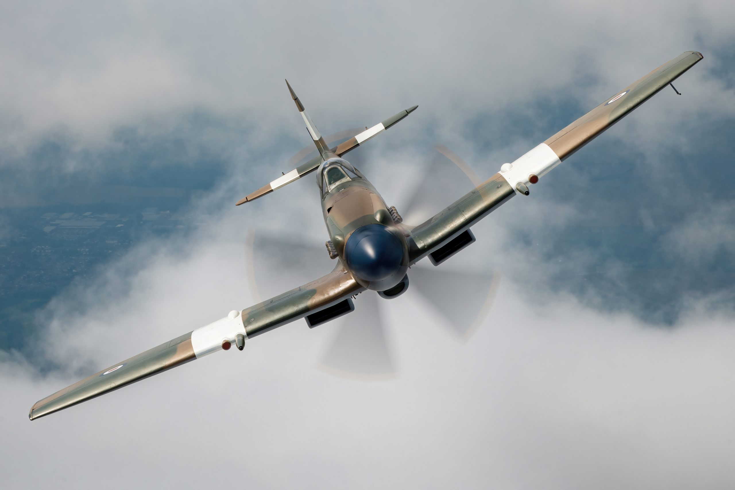 Griffon-engined Supermarine Spitfire FR XIVe photographed head-on with five-blade propeller