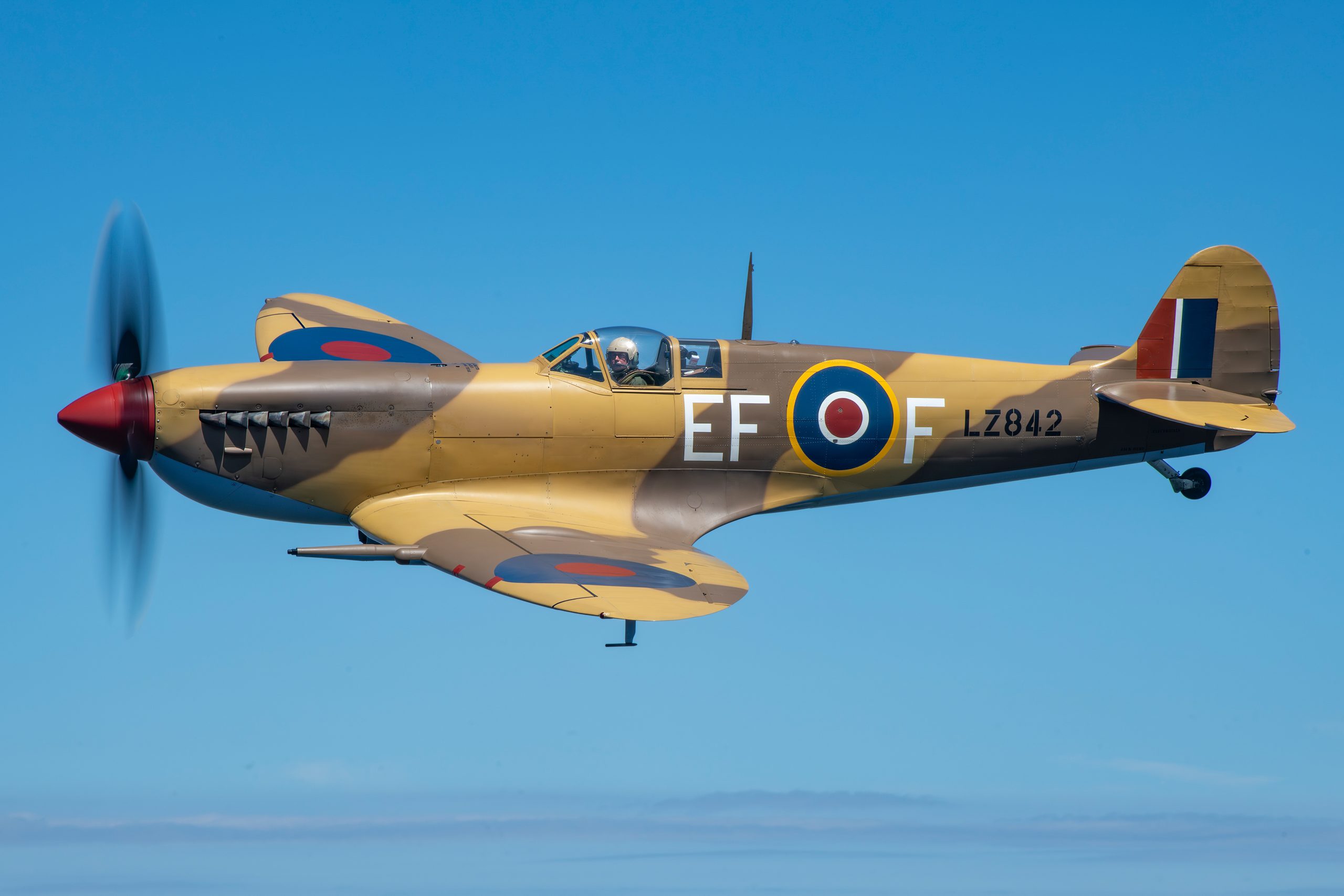 Side profile of desert-camouflaged Supermarine Spitfire Mk IX LZ842 in flight