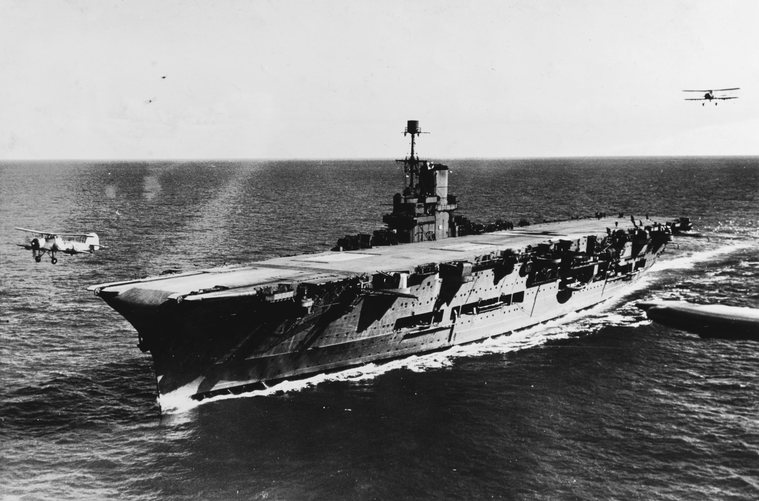 Fairey Swordfish flying over HMS Ark Royal