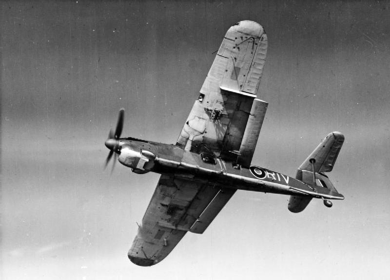 A Fairey Barracuda torpedo and dive bomber banking away from the camera showing its underside and high tailplane