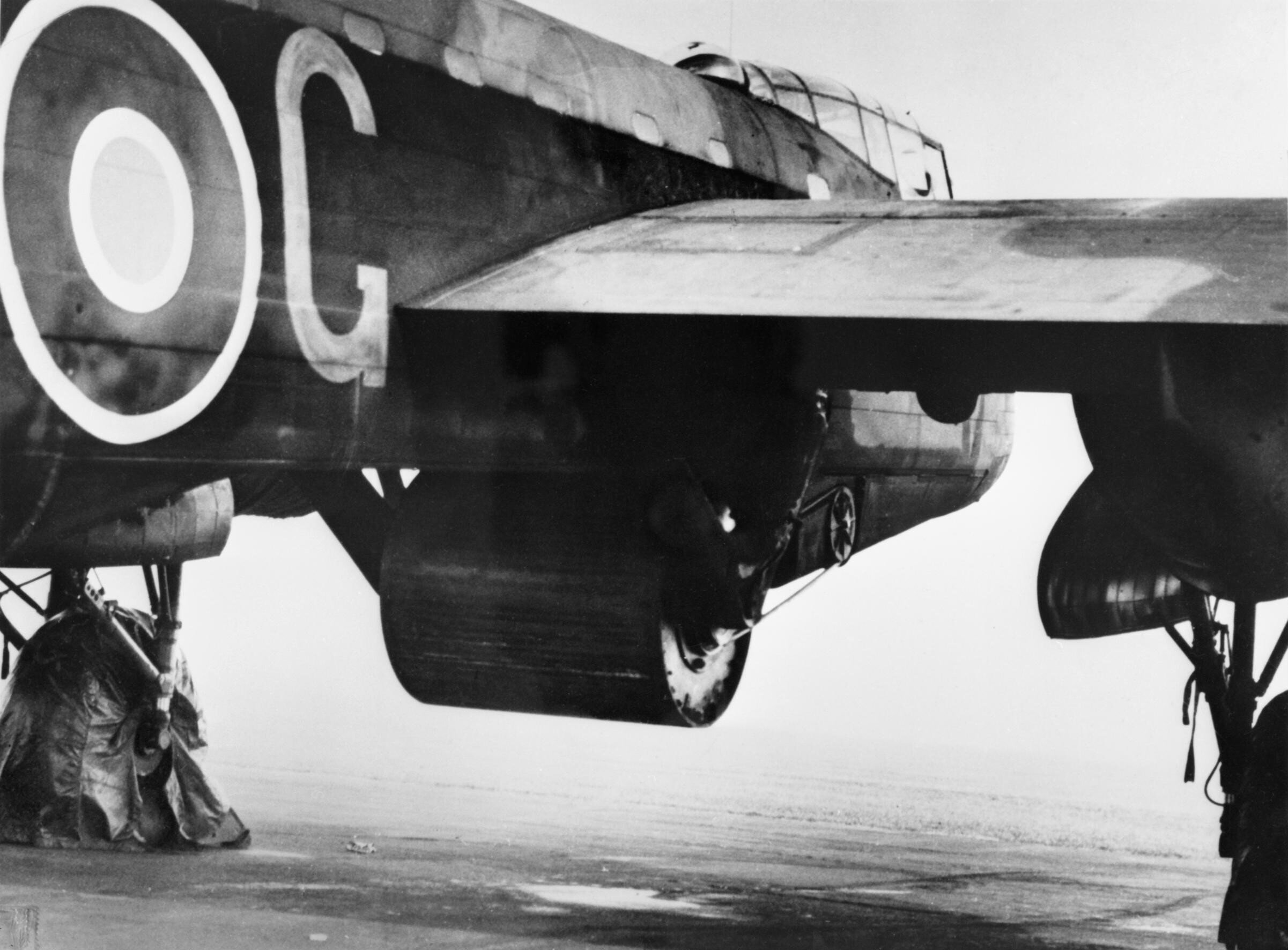 The Upkeep mine mounted beneath Guy Gibson's modified Lancaster ED932 AJ-G