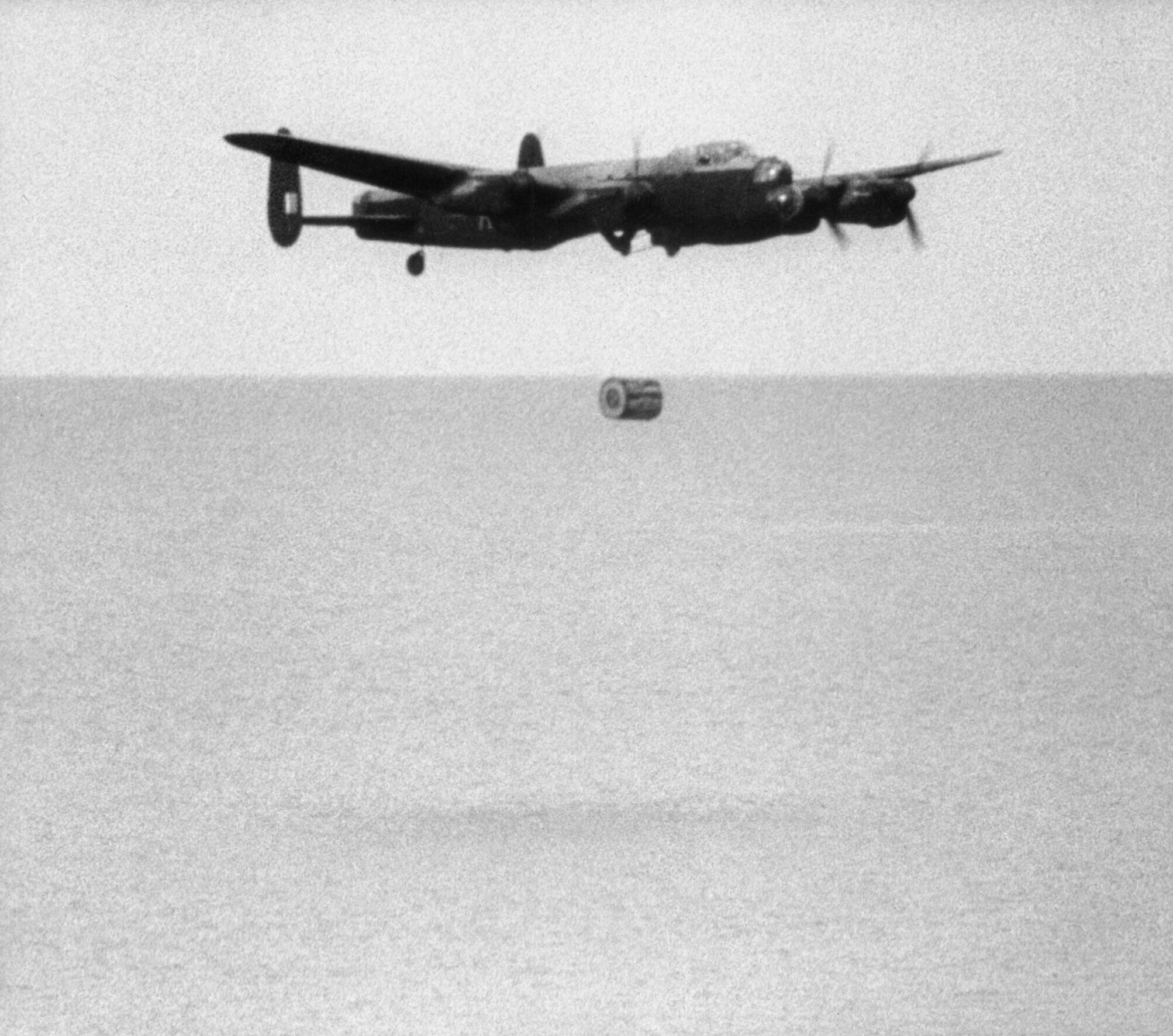 A practice Upkeep bounces at the Reculver range in 1943, filmed from the shore
