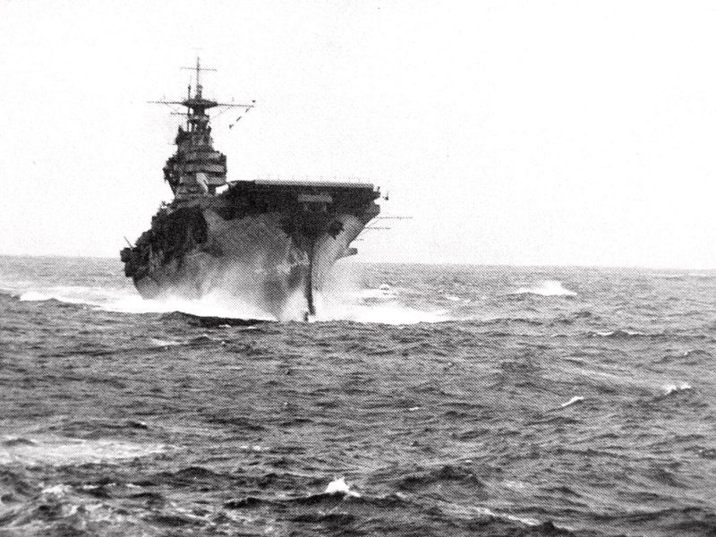 USS Hornet in heavy North Pacific seas during the Doolittle Raid run-in, April 1942