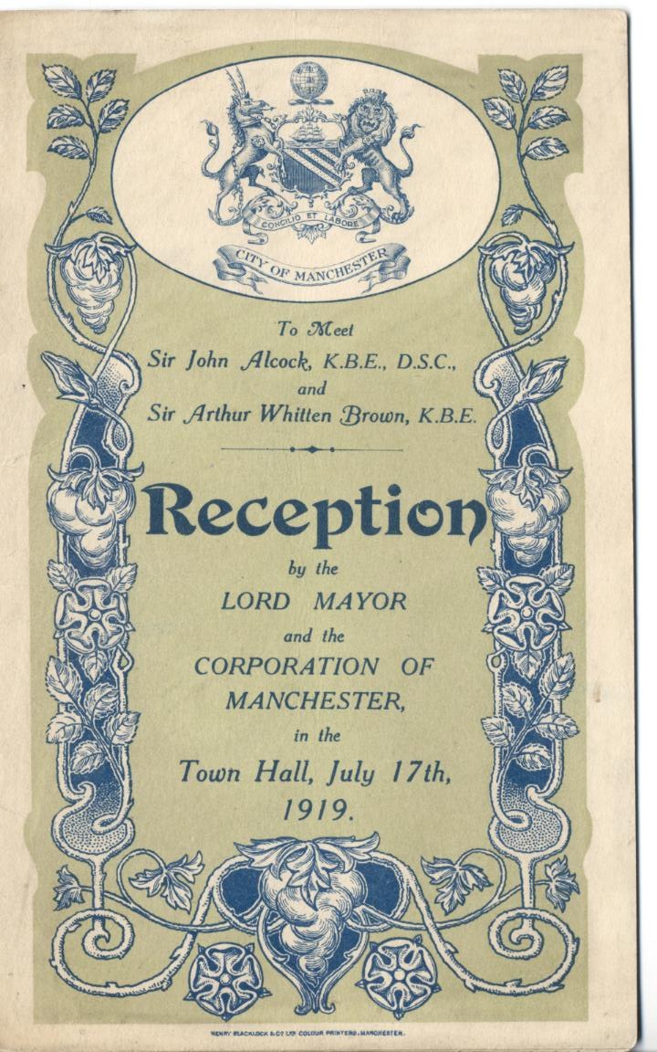 The printed cover of a reception programme bearing the arms of Manchester and the names Sir John Alcock and Sir Arthur Whitten Brown
