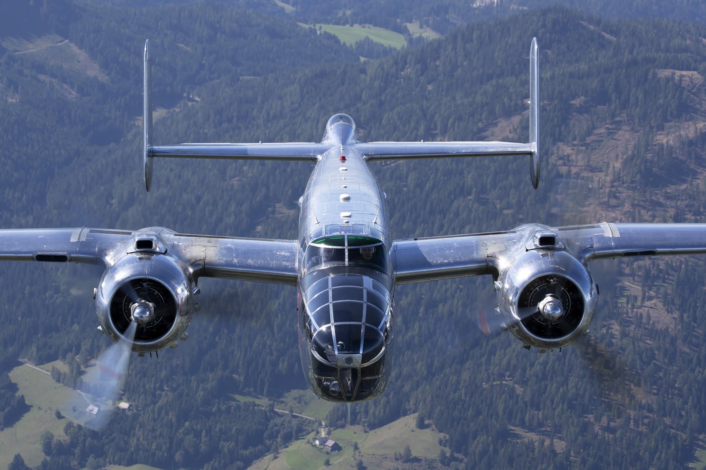 North American B-25J Mitchell N6123C seen head on, showing the gull wing with raised inner panels and flat outer panels