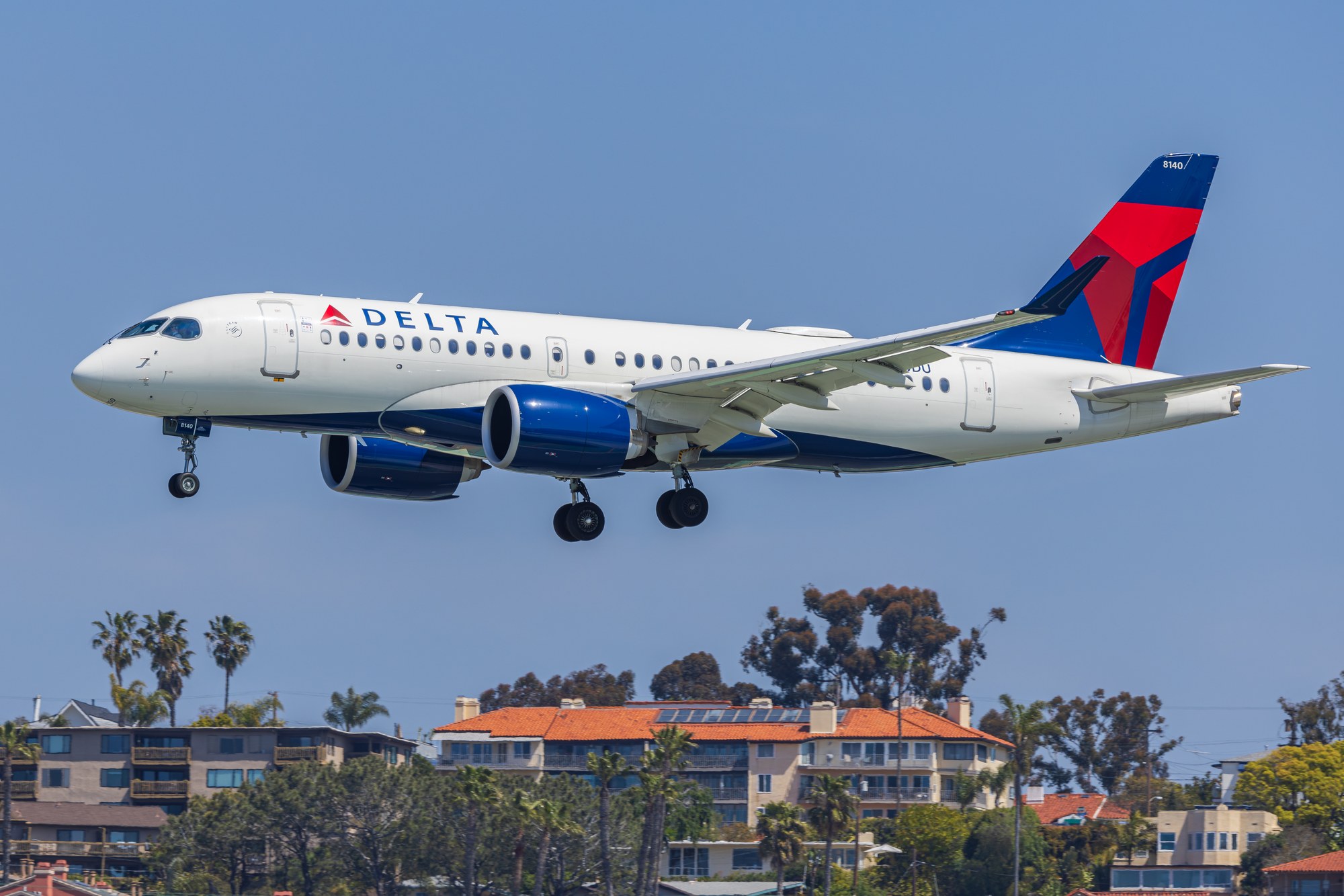 Delta Air Lines Airbus A220-100 fleet number 8140 on approach to San Diego