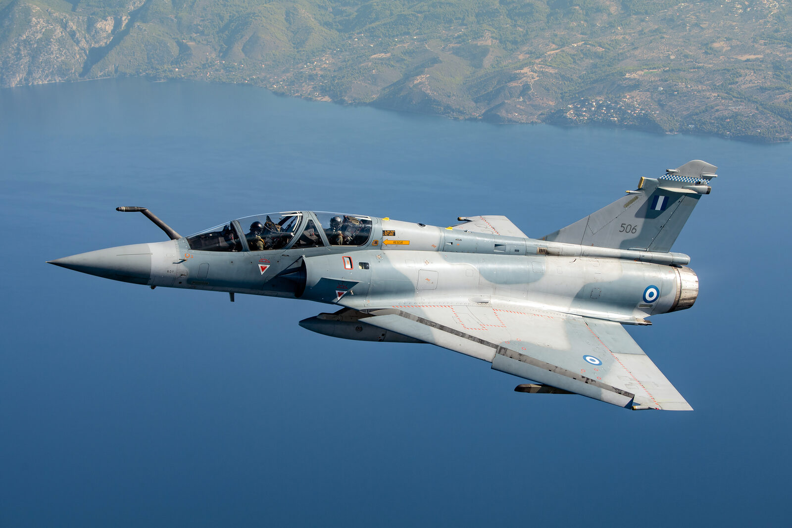 Hellenic Air Force Dassault Mirage 2000-5BG two-seater serial 506 in flight over the sea
